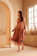 Women's Rust Embroidered silk Top & viscose net Skirt Set