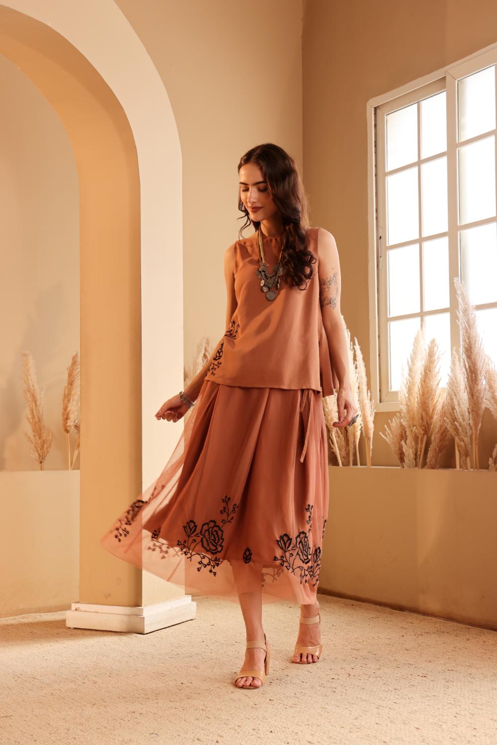 Women's Rust Embroidered silk Top & viscose net Skirt Set
