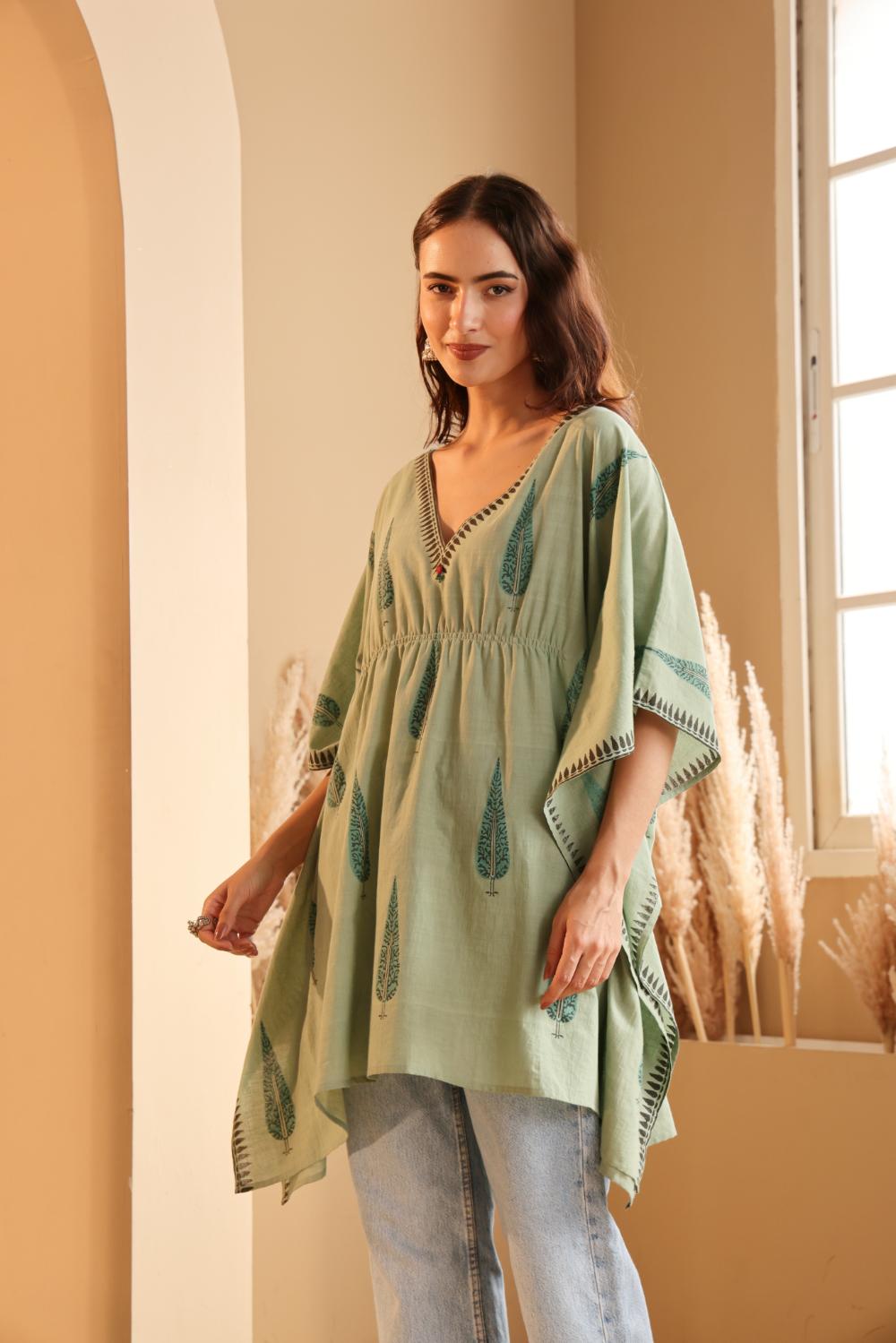 Graceful Mint Green mulmul block print Kaftan