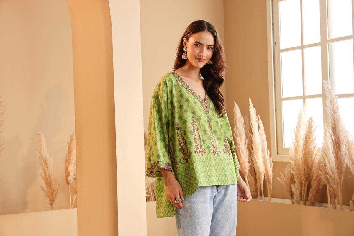 Green Printed Cotton Kaftan Top for Women