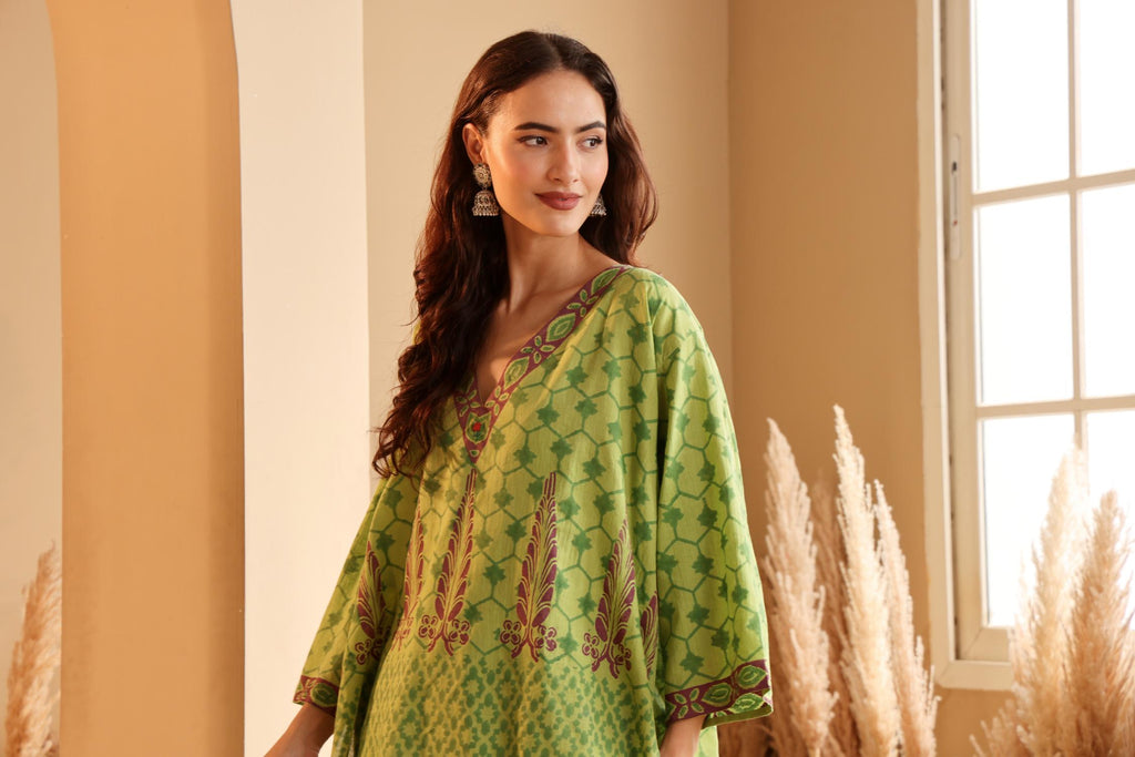 Green Printed Cotton Kaftan Top for Women