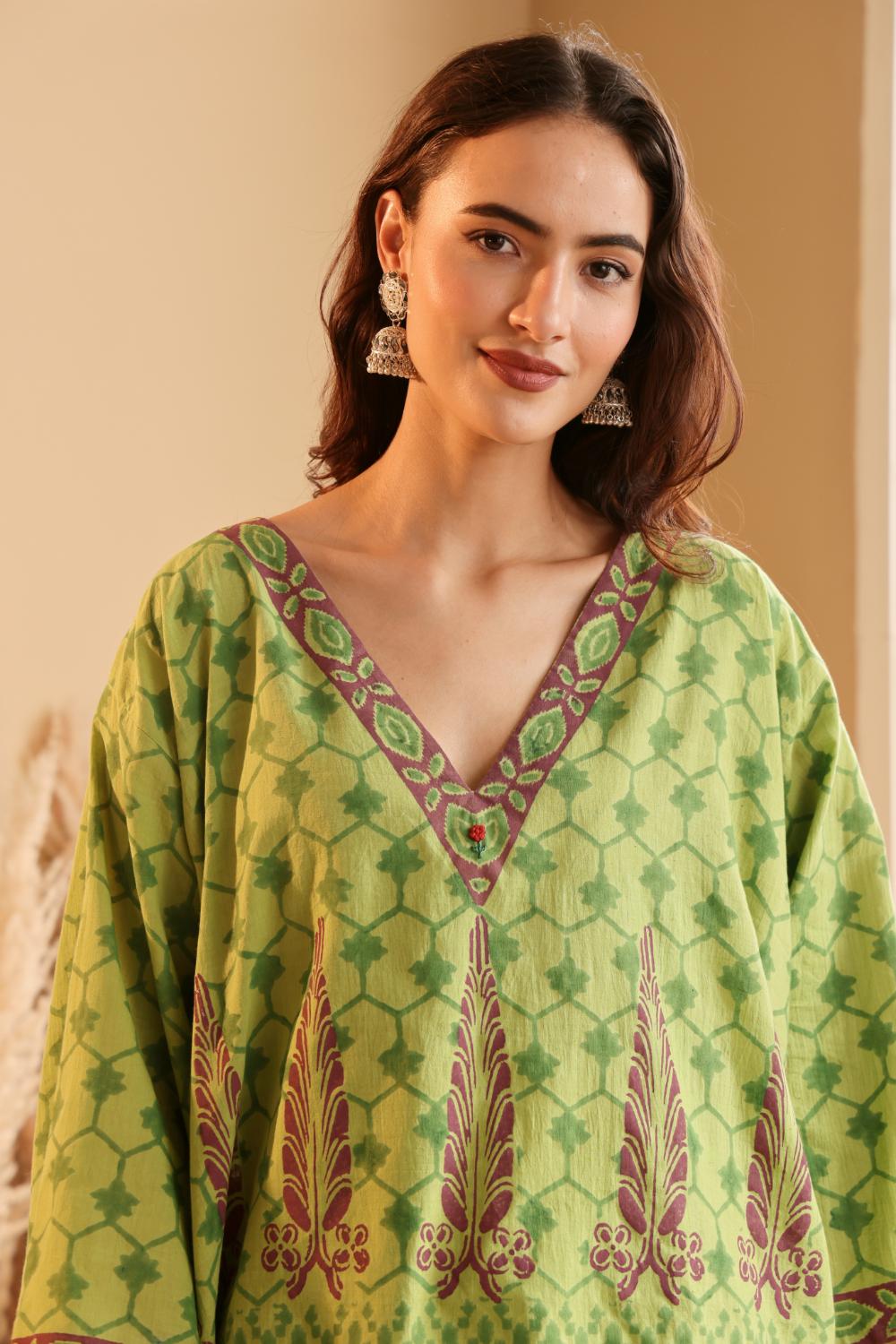 Green Printed Cotton Kaftan Top for Women