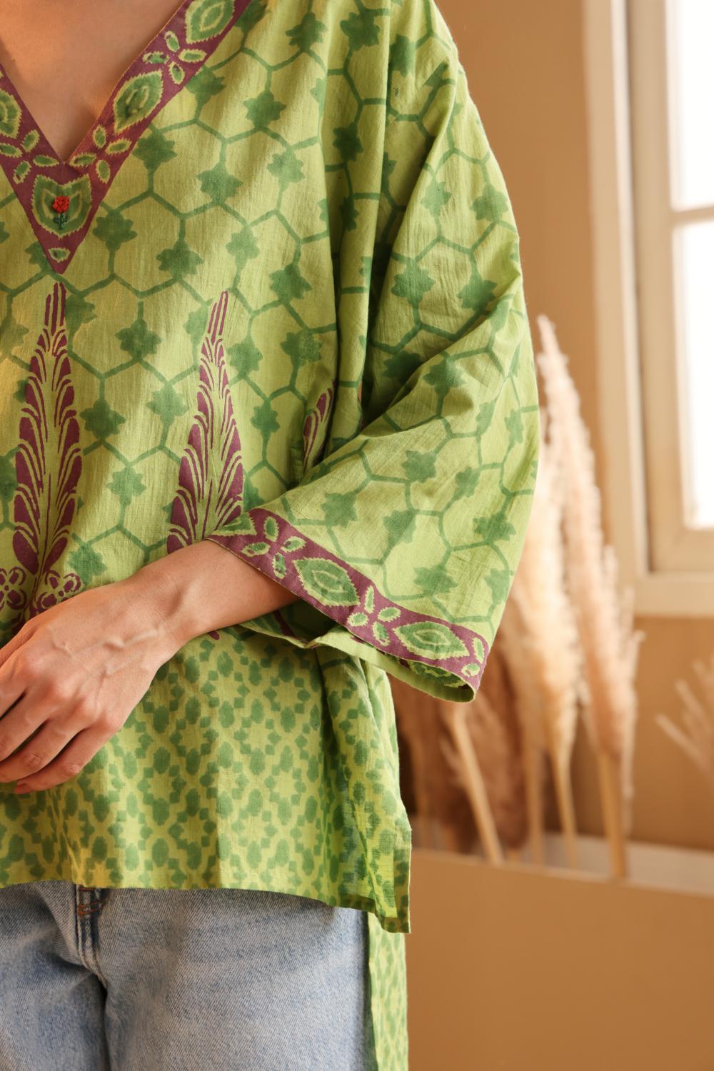 Green Printed Cotton Kaftan Top for Women