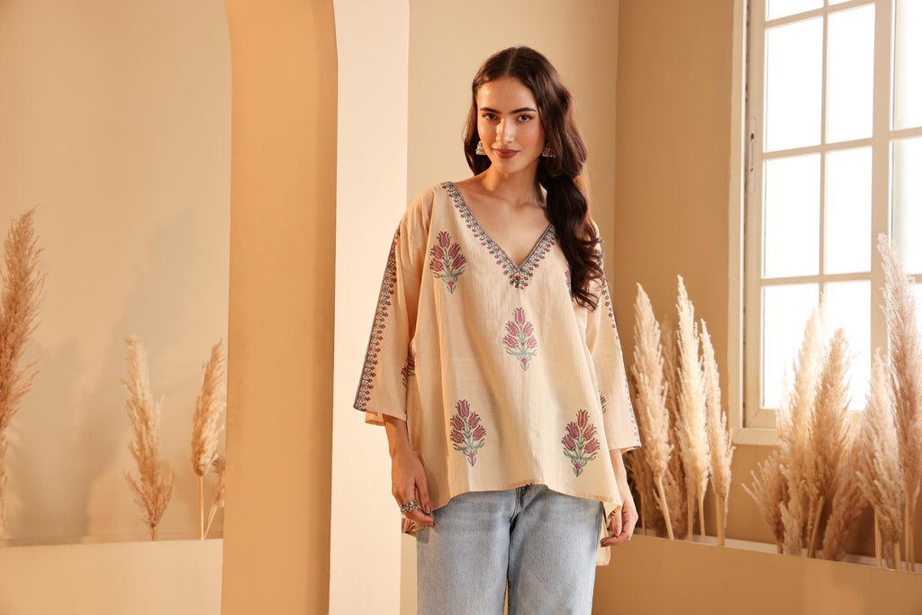 Women's Beige Hand Block Printed Cotton Jamdani Top
