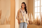 Women's Beige Hand Block Printed Cotton Jamdani Top