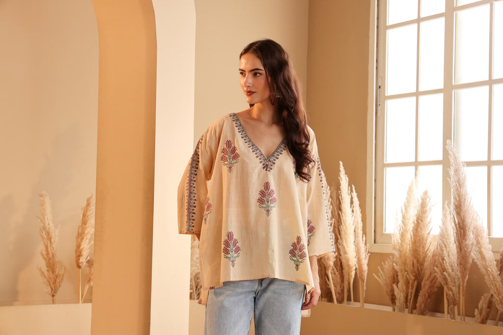 Women's Beige Hand Block Printed Cotton Jamdani Top