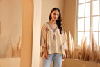 Women's Beige Hand Block Printed Cotton Jamdani Top