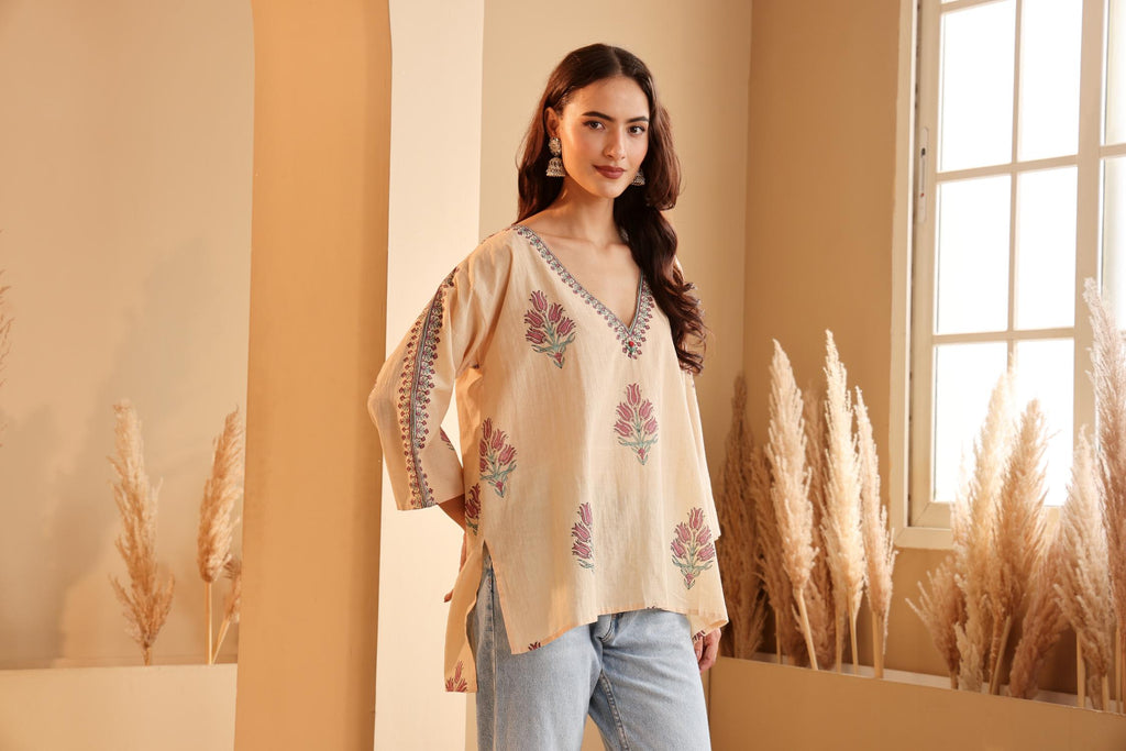 Women's Beige Hand Block Printed Cotton Jamdani Top