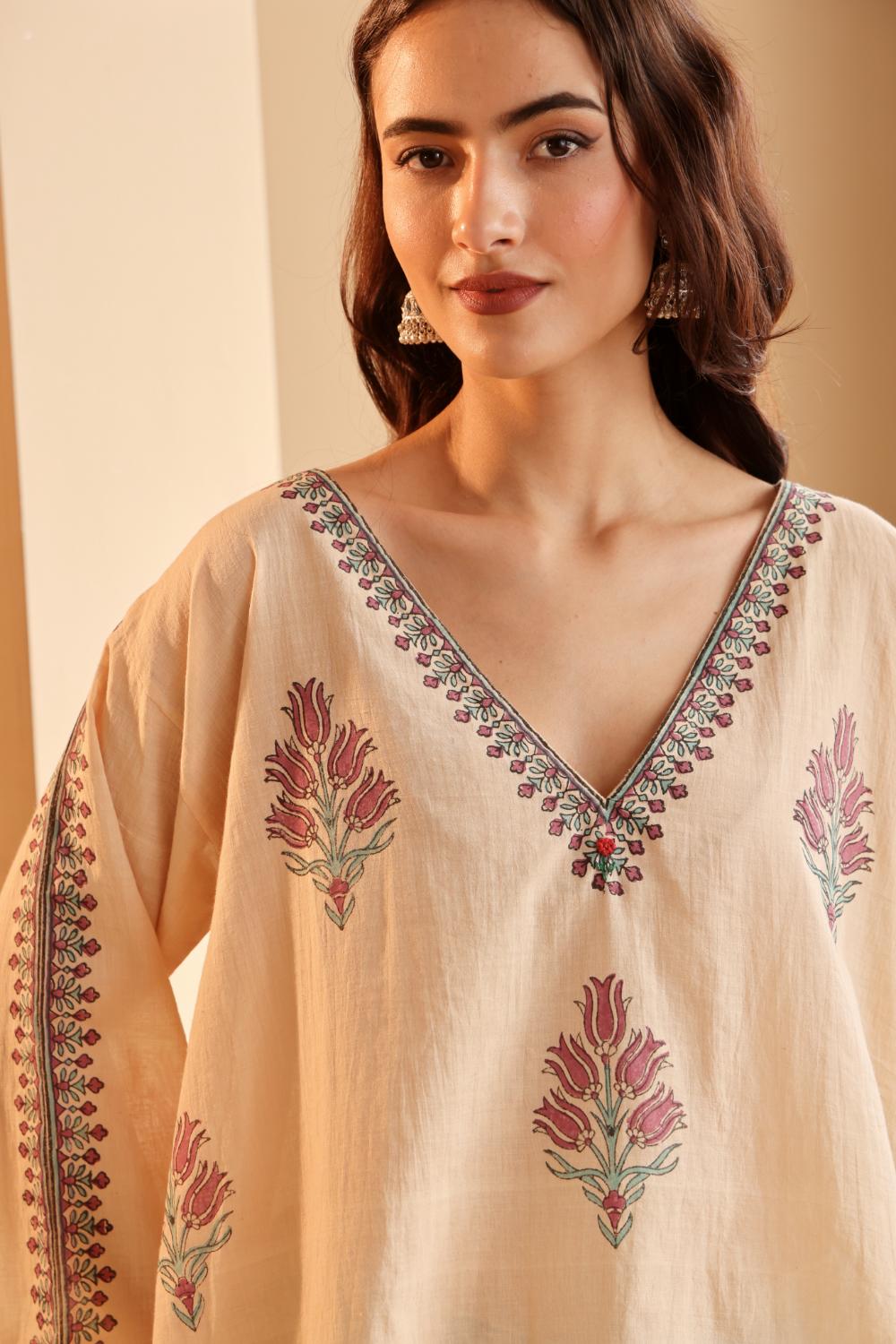 Women's Beige Hand Block Printed Cotton Jamdani Top