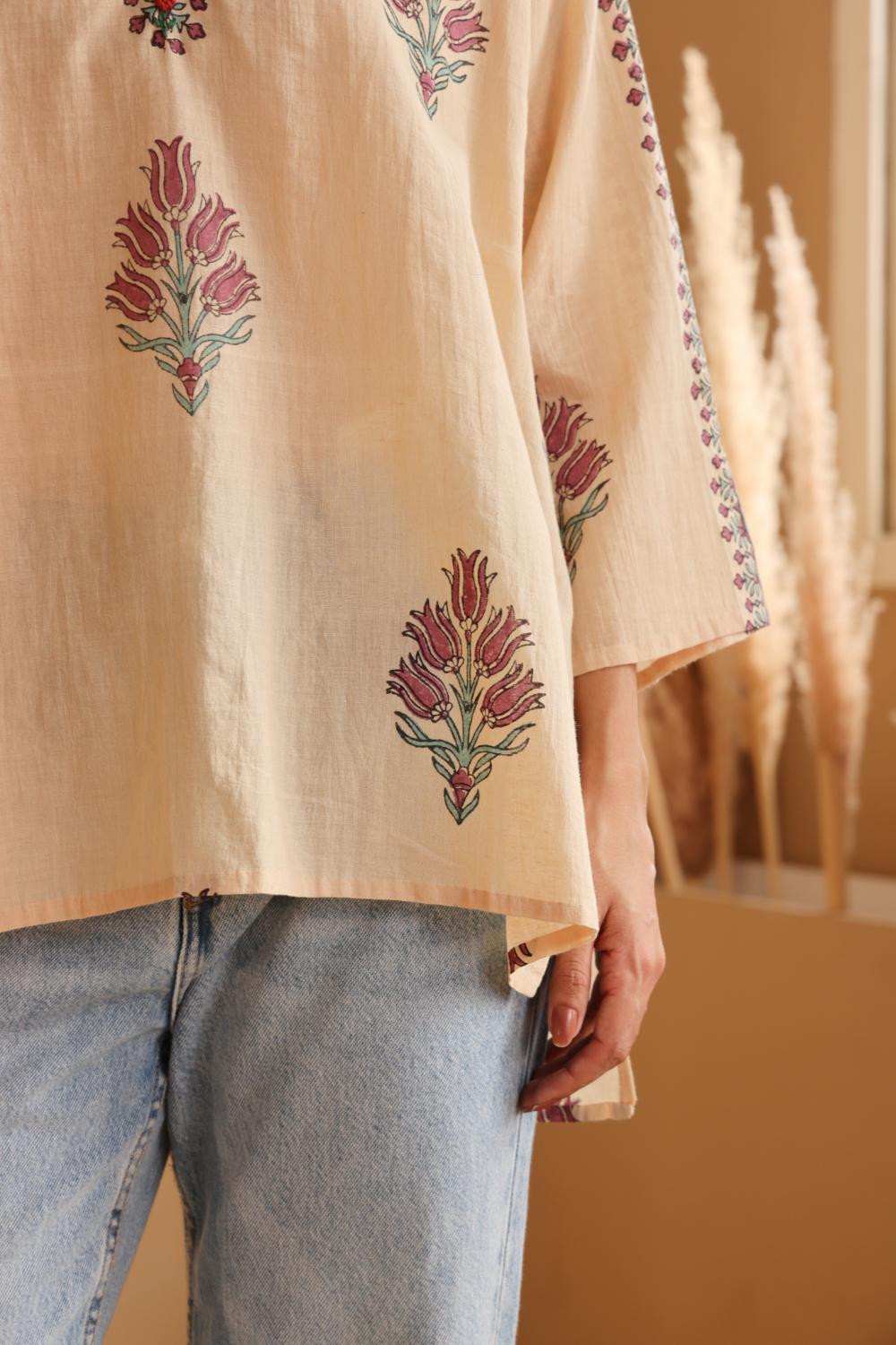 Women's Beige Hand Block Printed Cotton Jamdani Top