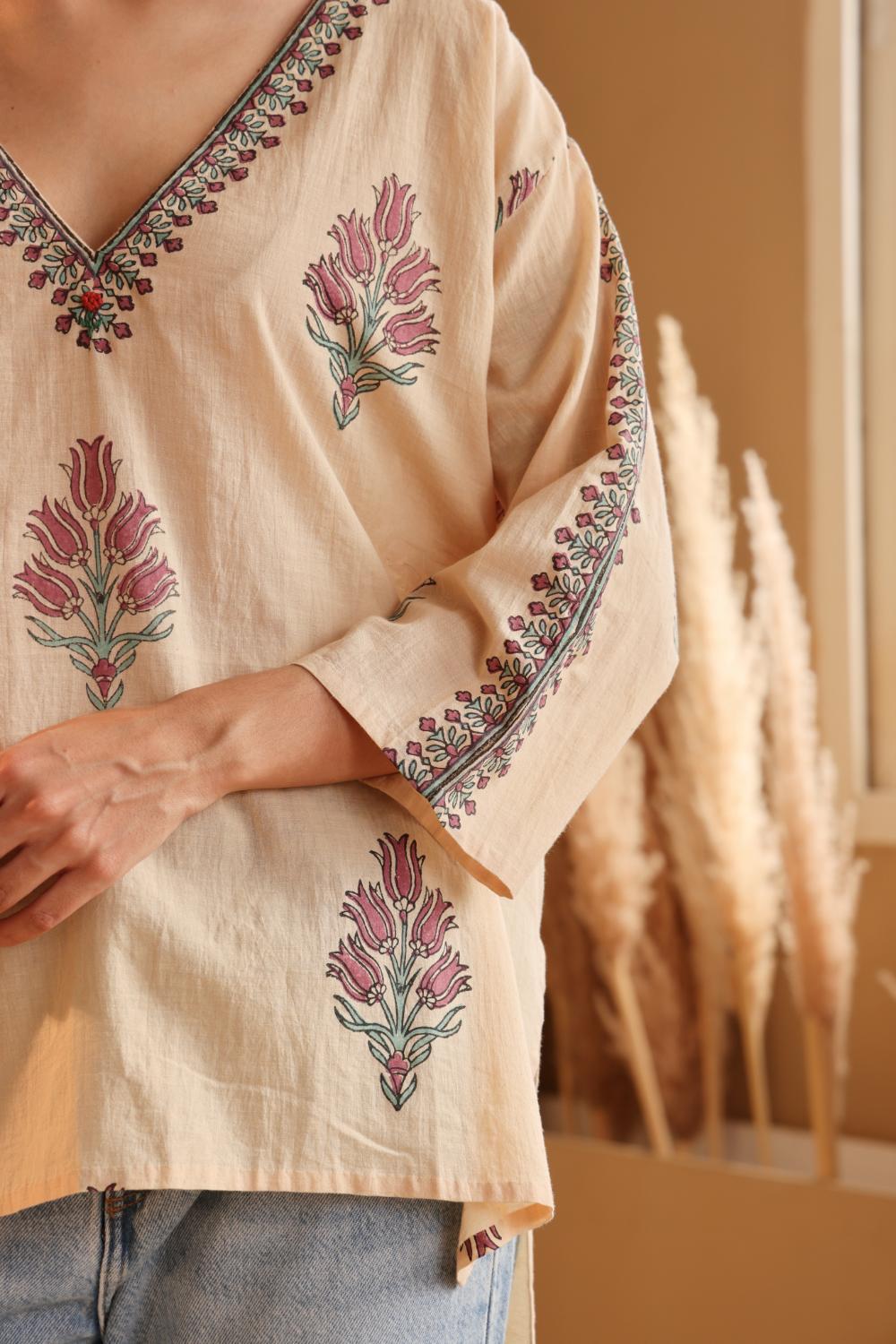Women's Beige Hand Block Printed Cotton Jamdani Top