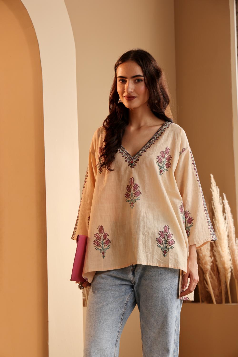 Women's Beige Hand Block Printed Cotton Jamdani Top