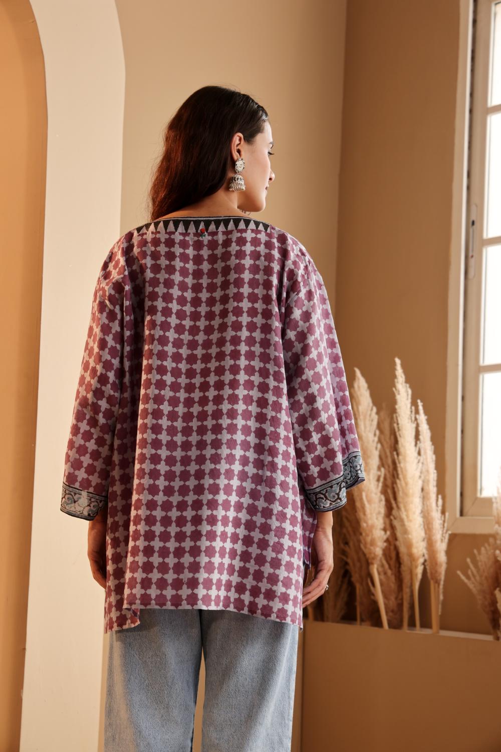 Women's Lavender Hand Block Printed silk Top