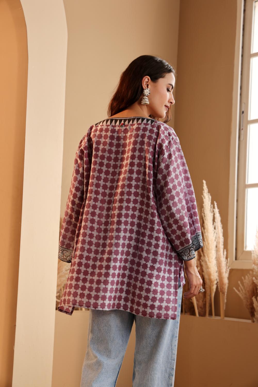 Women's Lavender Hand Block Printed silk Top