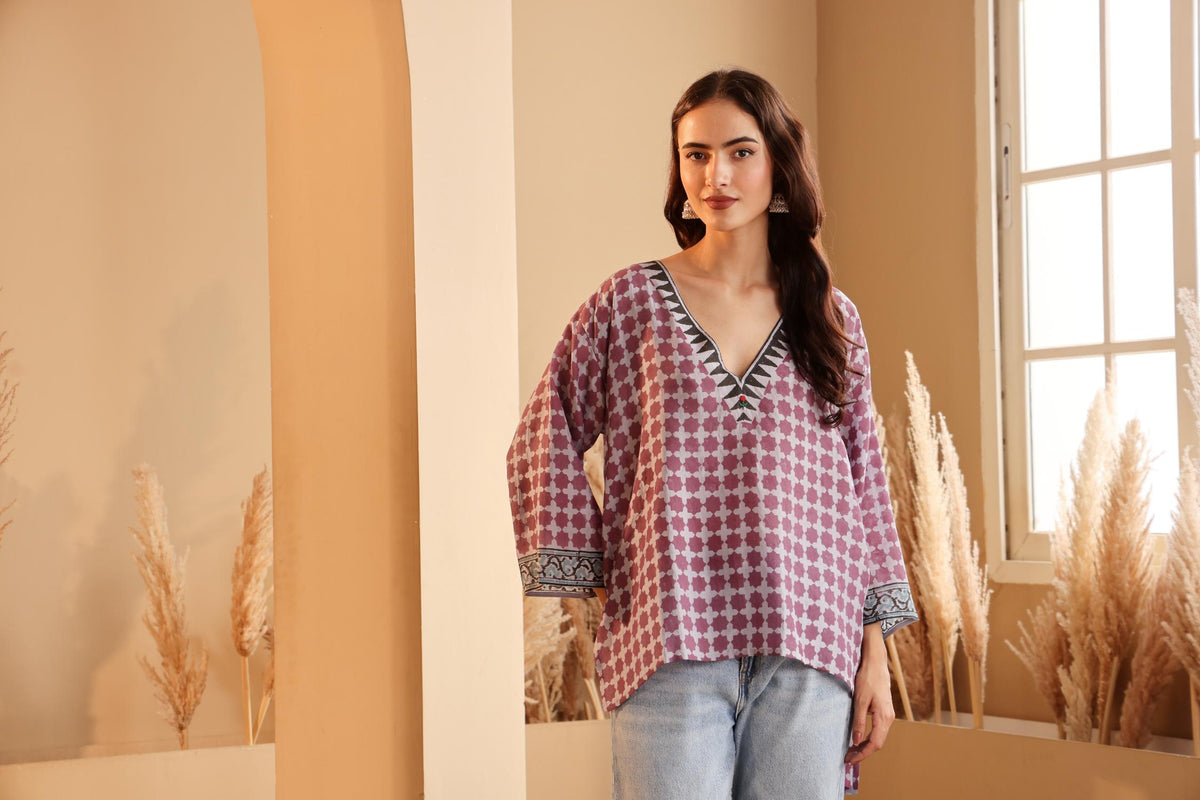 Women's Lavender Hand Block Printed silk Top