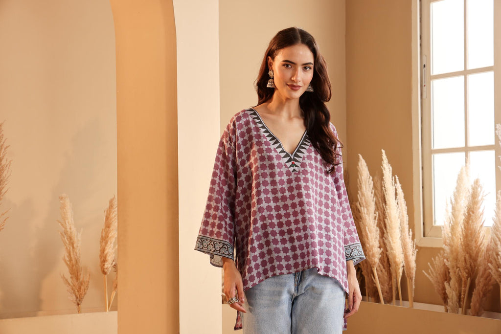 Women's Lavender Hand Block Printed silk Top
