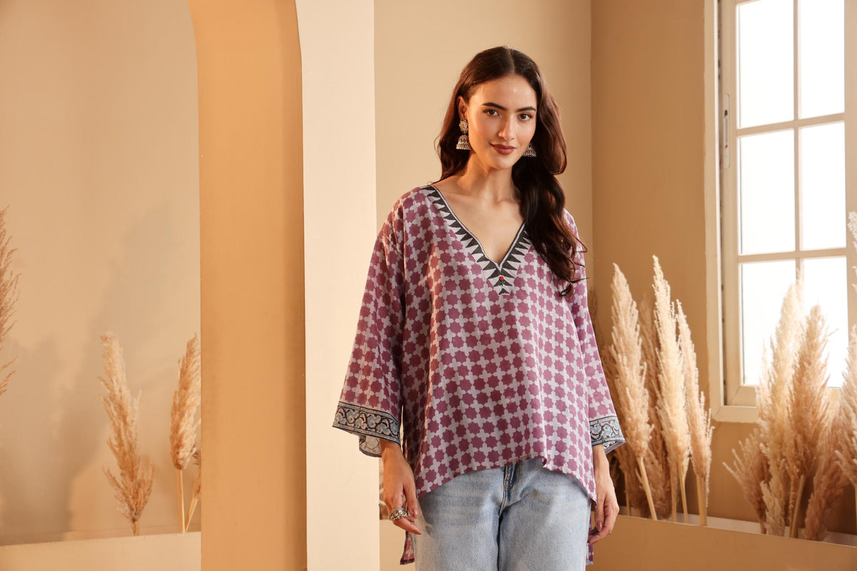 Women's Lavender Hand Block Printed silk Top