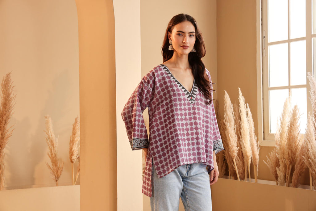 Women's Lavender Hand Block Printed silk Top