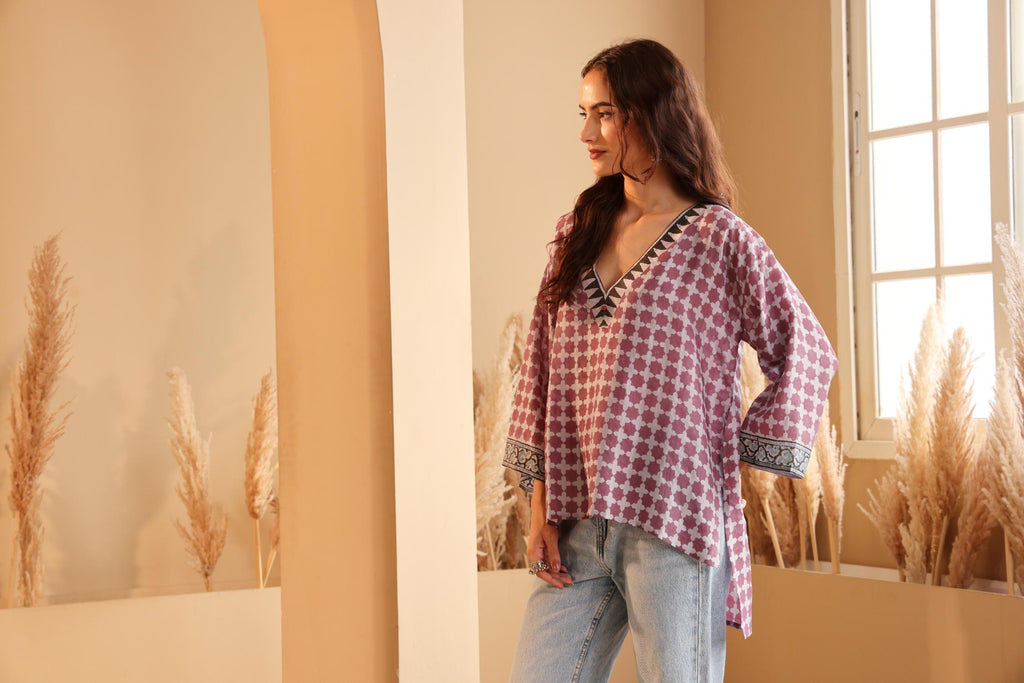 Women's Lavender Hand Block Printed silk Top