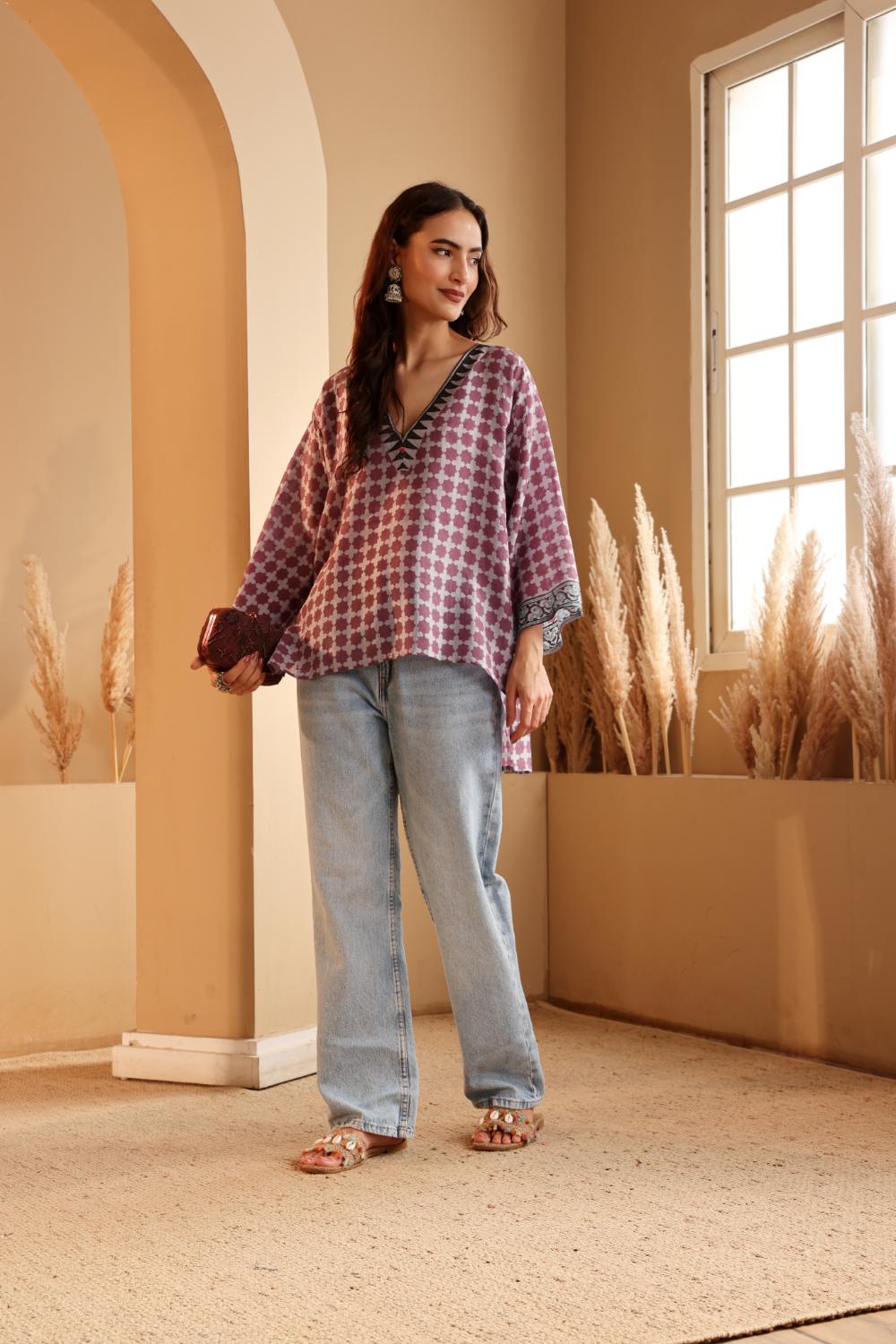 Women's Lavender Hand Block Printed silk Top