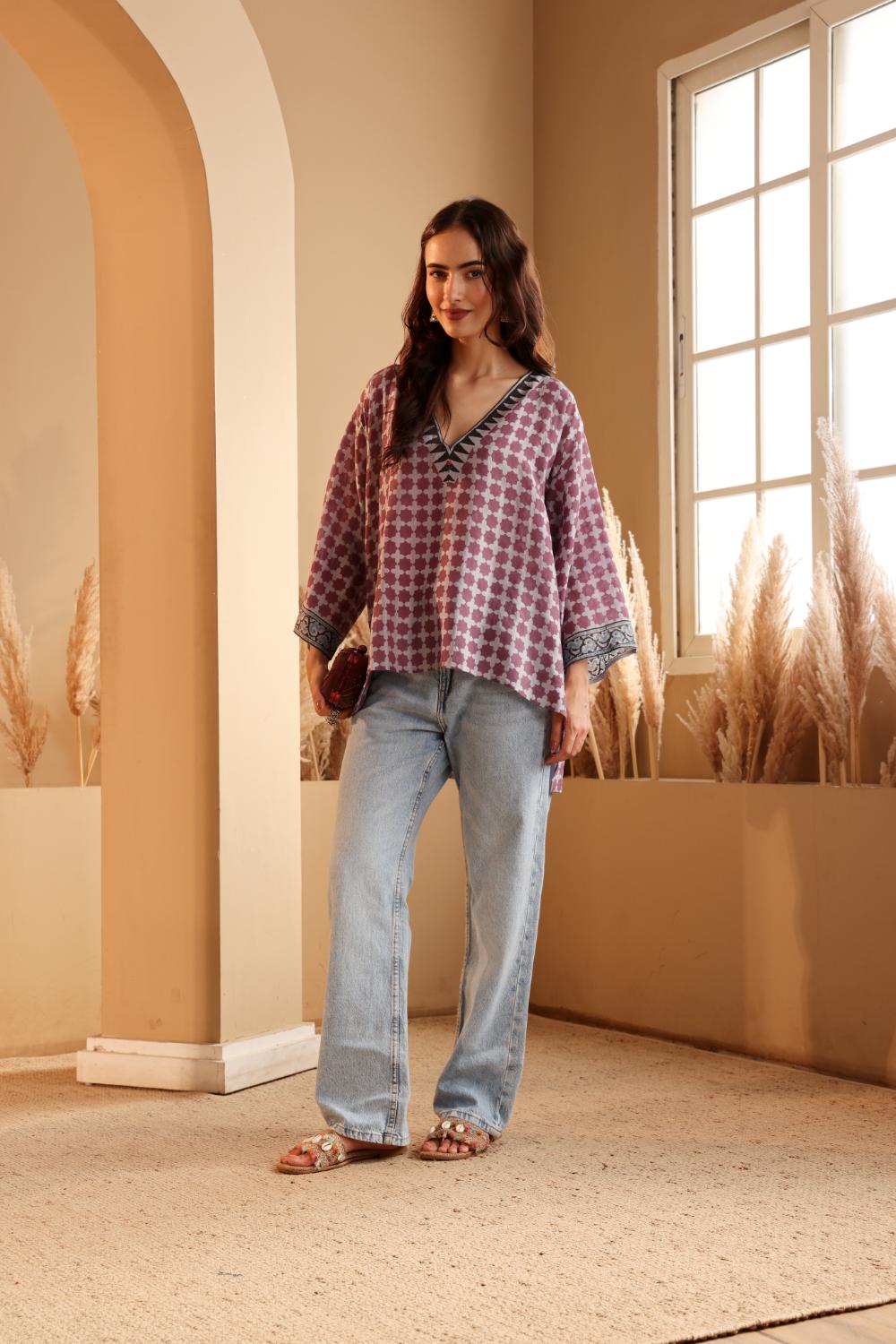 Women's Lavender Hand Block Printed silk Top