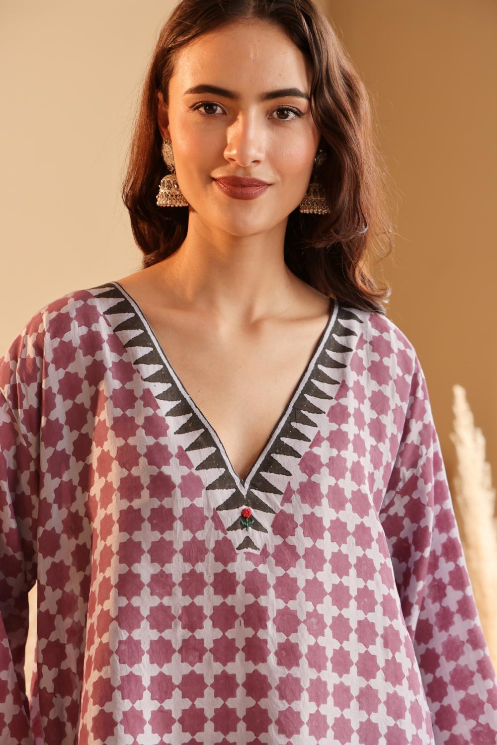 Women's Lavender Hand Block Printed silk Top
