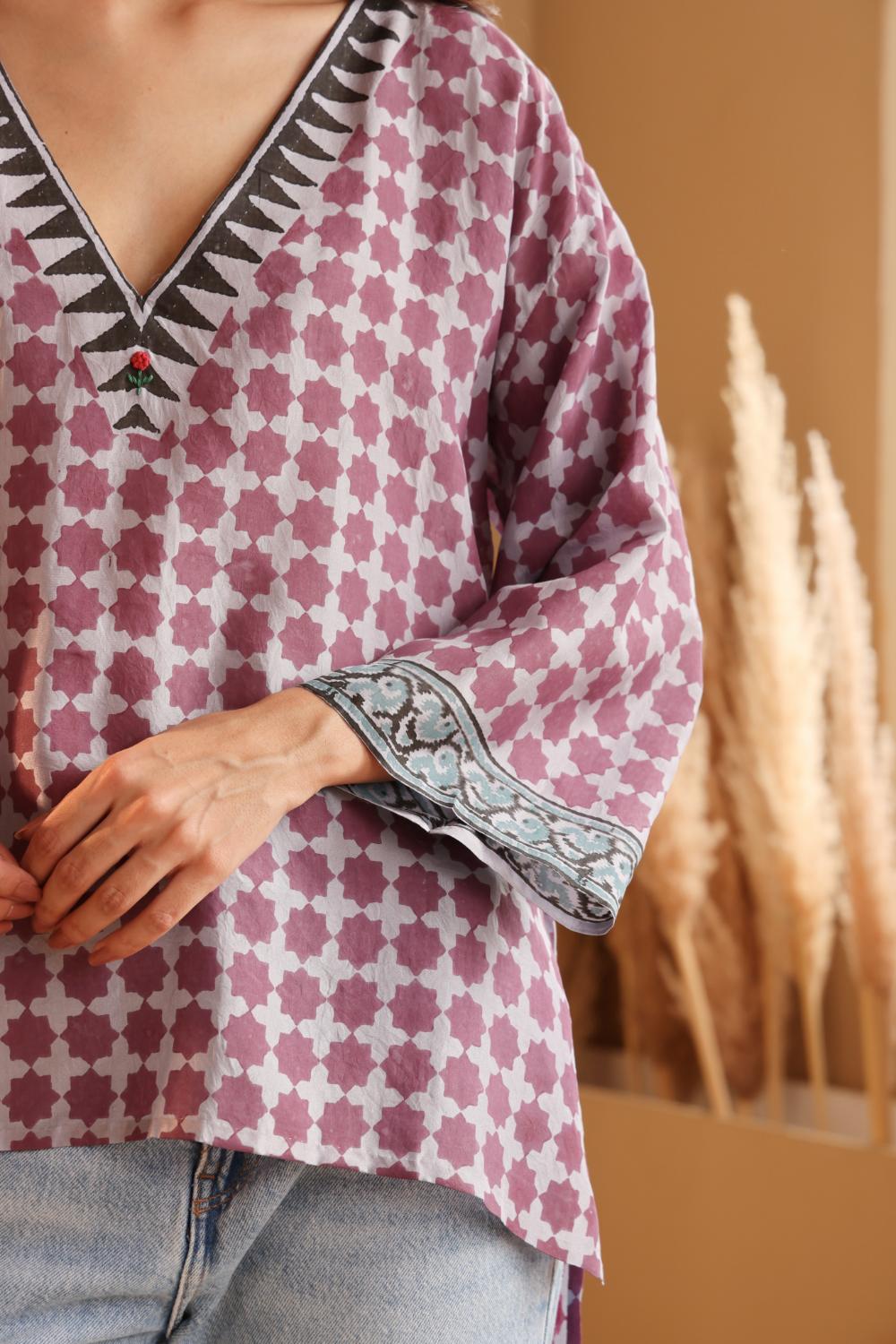Women's Lavender Hand Block Printed silk Top