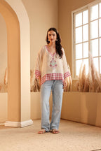 Women's Ivory Floral Printed silk Kaftan Top
