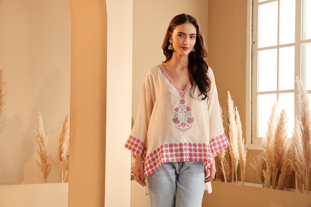 Women's Ivory Floral Printed silk Kaftan Top