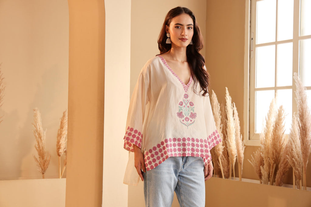 Women's Ivory Floral Printed silk Kaftan Top