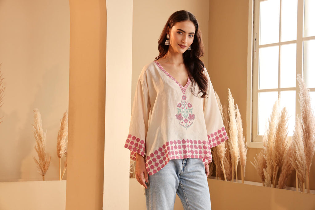 Women's Ivory Floral Printed silk Kaftan Top