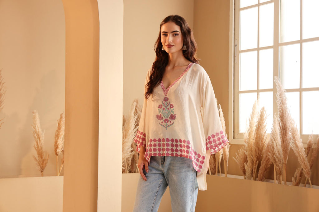 Women's Ivory Floral Printed silk Kaftan Top