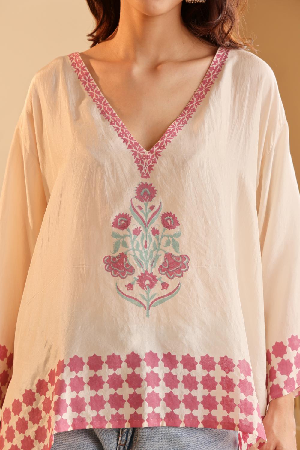 Women's Ivory Floral Printed silk Kaftan Top