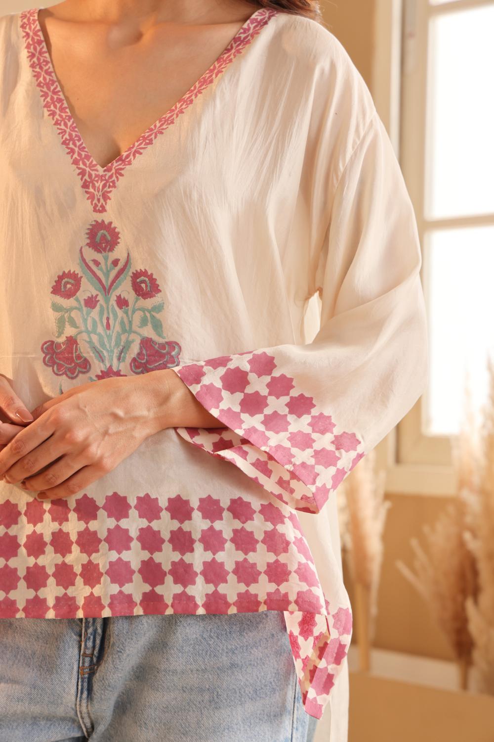 Women's Ivory Floral Printed silk Kaftan Top