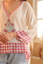 Women's Ivory Floral Printed silk Kaftan Top