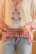 Women's Ivory Floral Printed silk Kaftan Top