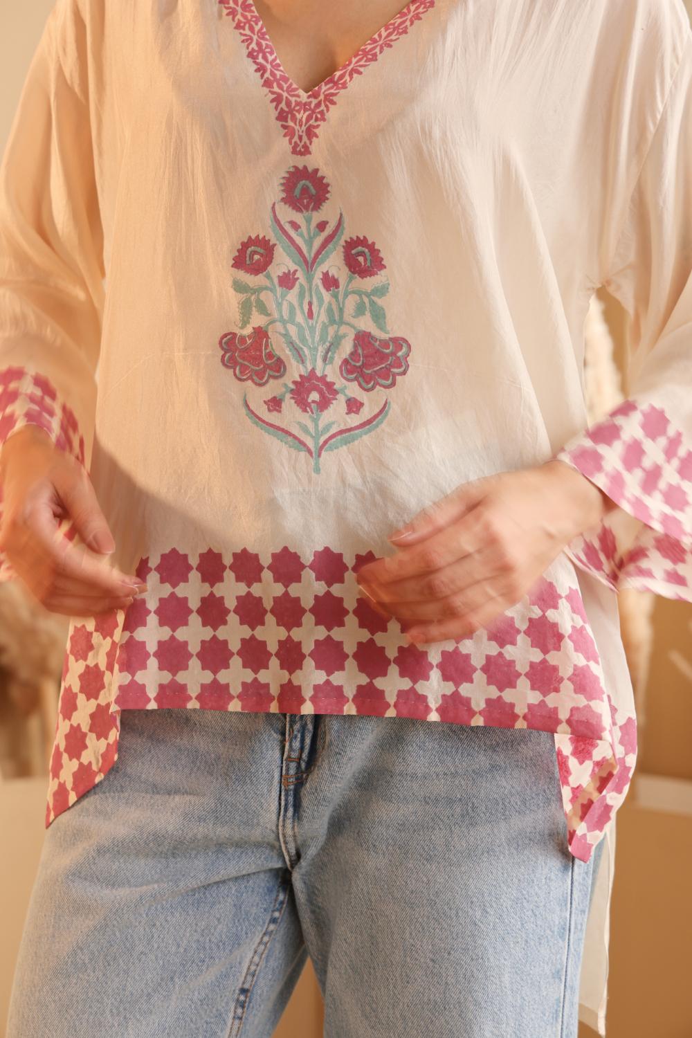 Women's Ivory Floral Printed silk Kaftan Top