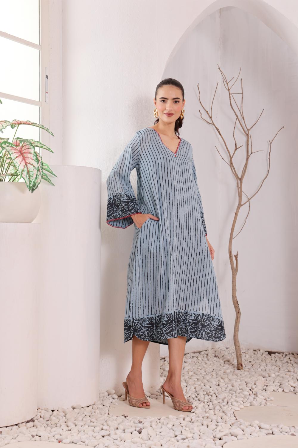 Women's Blue Striped Cotton Dress