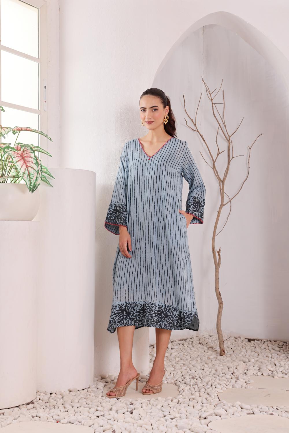 Women's Blue Striped Cotton Dress