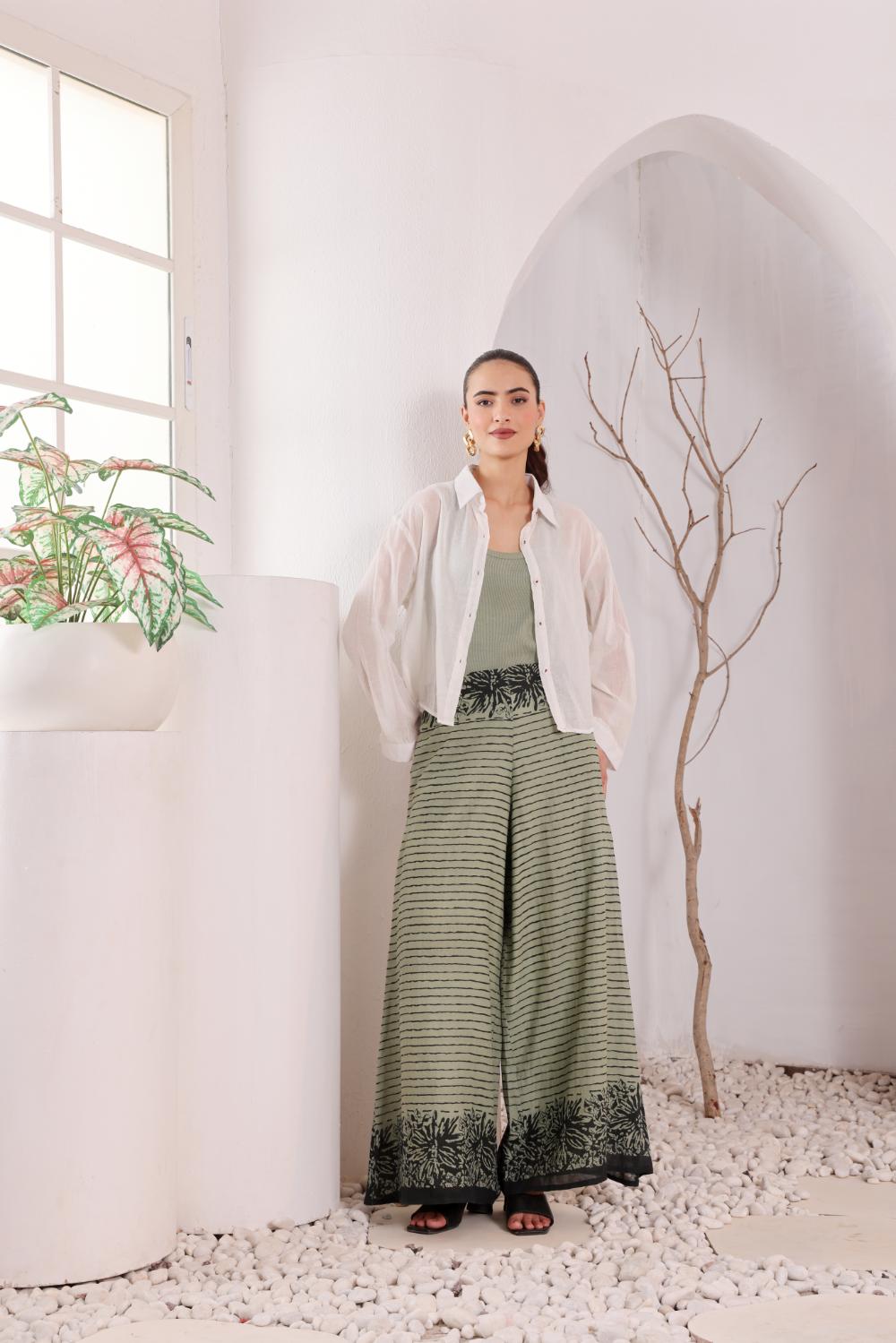 Women's Olive Green Printed mulmul block printed Palazzo Pants