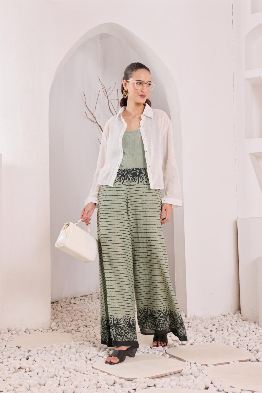 Women's Olive Green Printed mulmul block printed Palazzo Pants