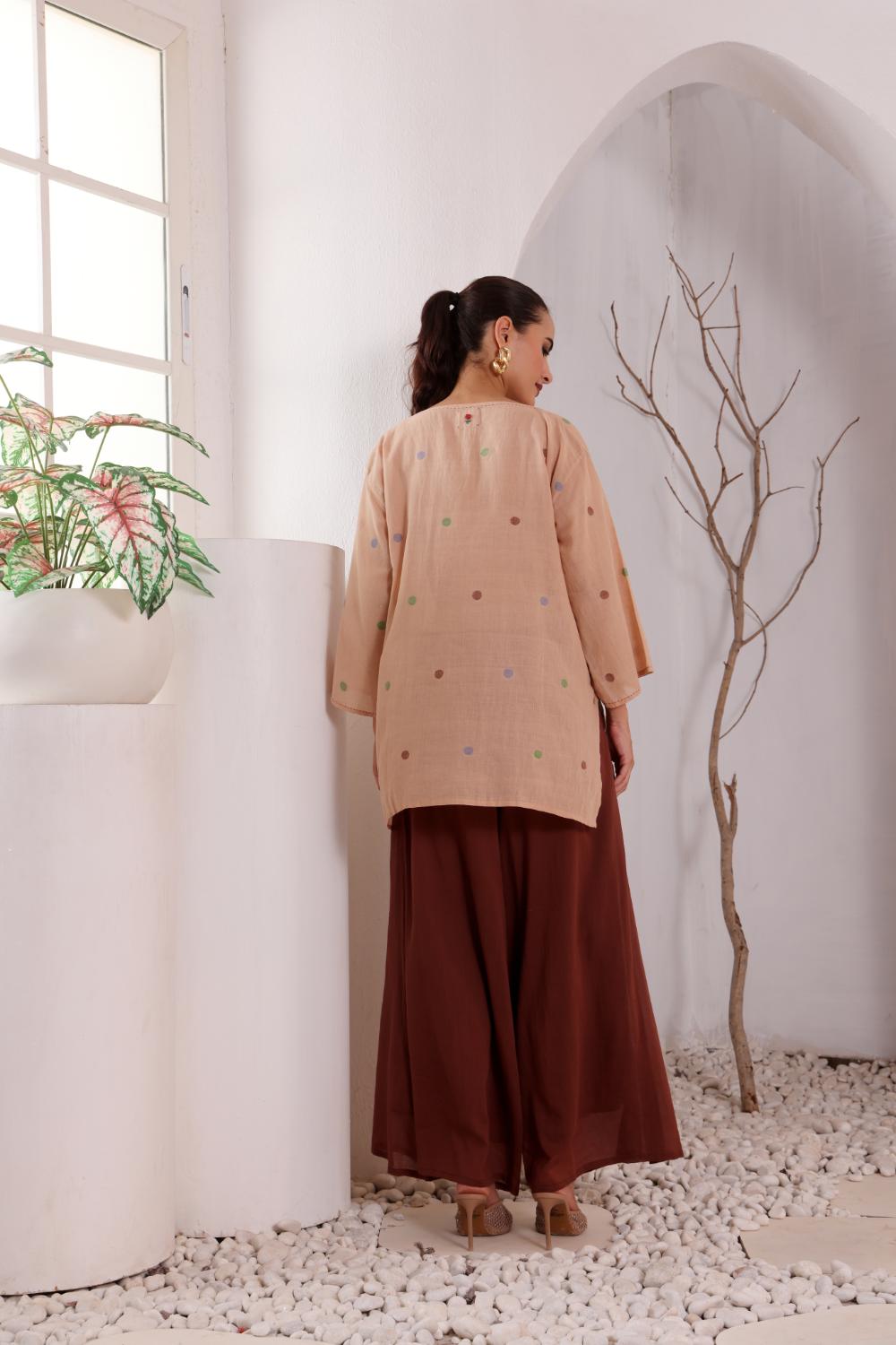 Women's Beige Oversized jamdani Kurta & Brown Palazzo Set