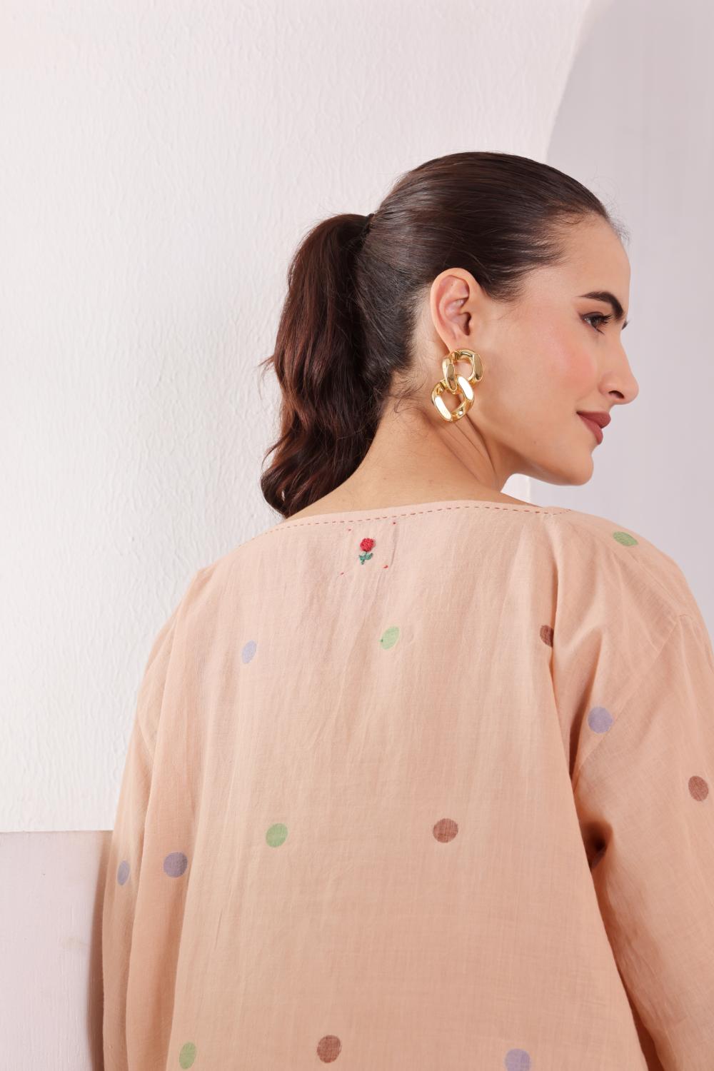 Women's Beige Oversized jamdani Kurta & Brown Palazzo Set