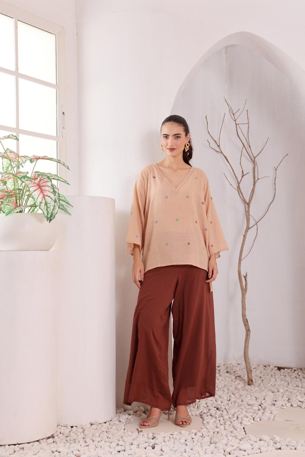 Women's Beige Oversized jamdani Kurta & Brown Palazzo Set