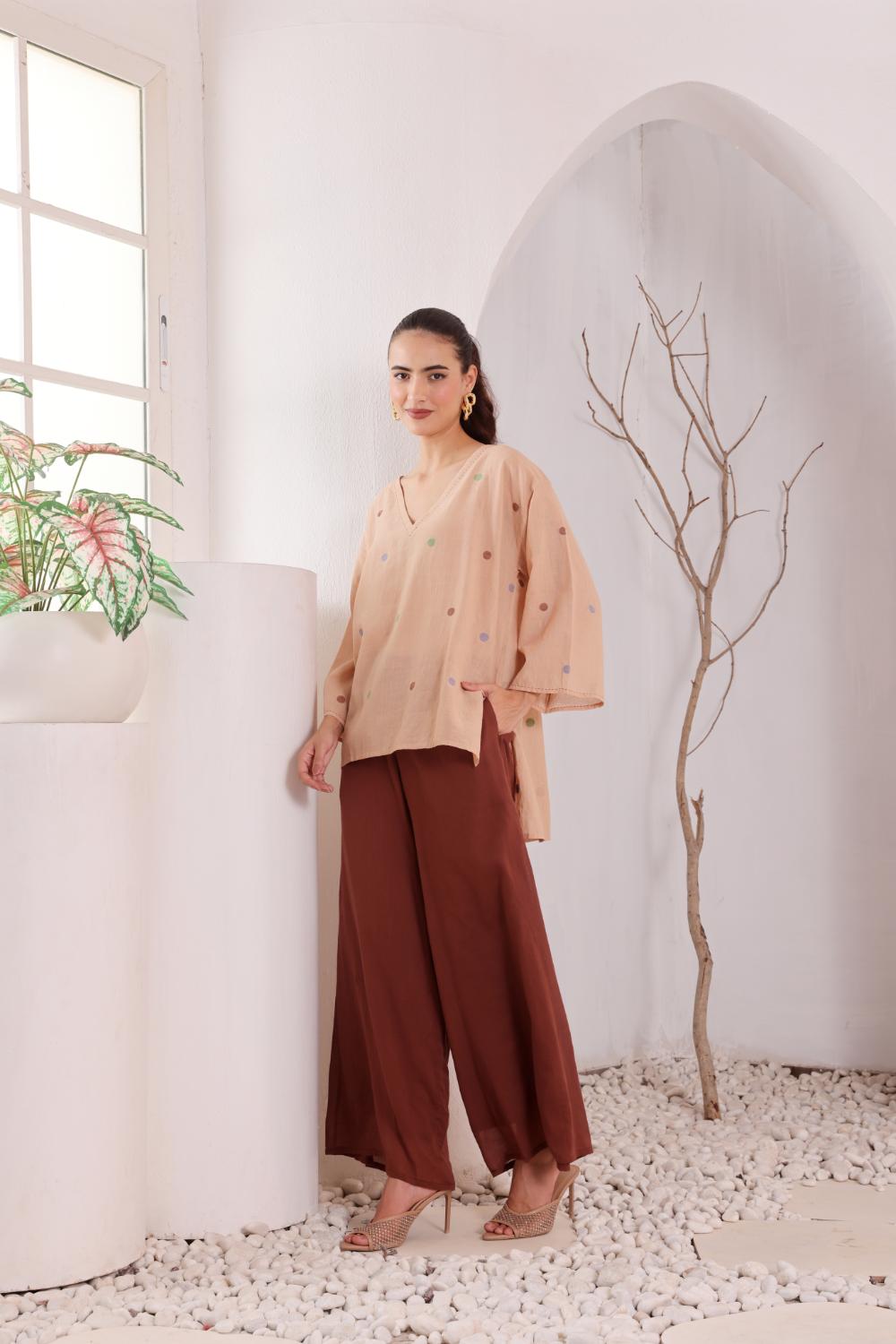 Women's Beige Oversized jamdani Kurta & Brown Palazzo Set