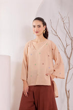 Women's Beige Oversized jamdani Kurta & Brown Palazzo Set