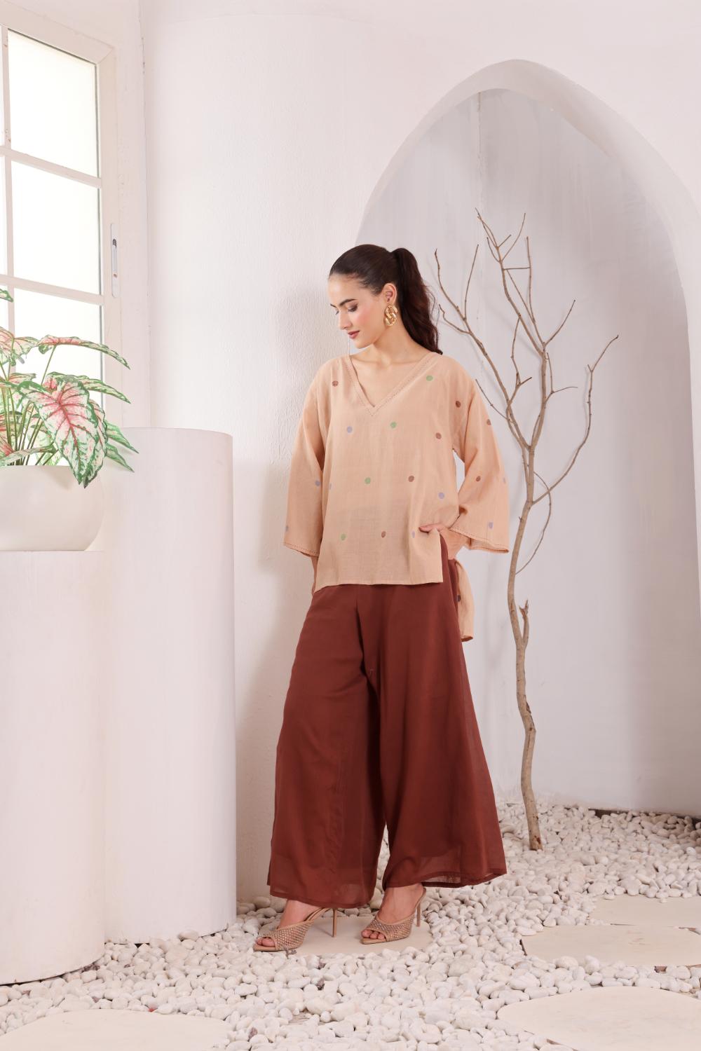 Women's Beige Oversized jamdani Kurta & Brown Palazzo Set