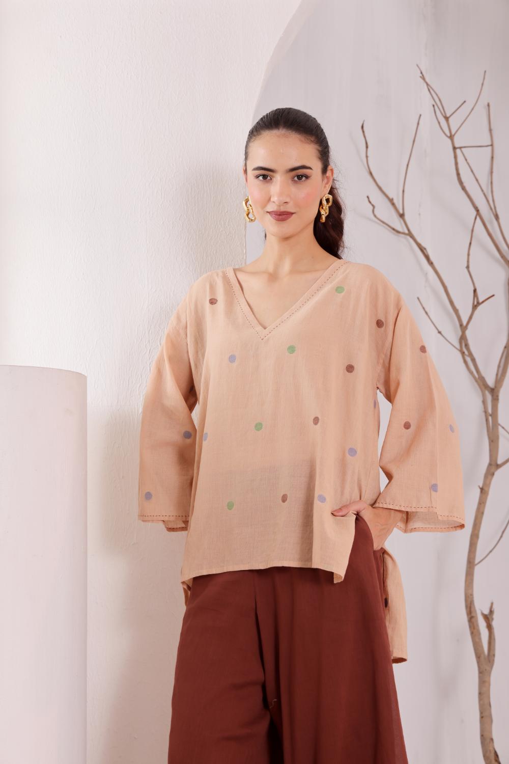Women's Beige Oversized jamdani Kurta & Brown Palazzo Set