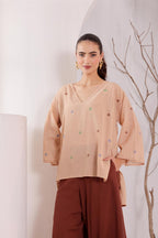 Women's Beige Oversized jamdani Kurta & Brown Palazzo Set
