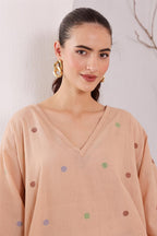 Women's Beige Oversized jamdani Kurta & Brown Palazzo Set
